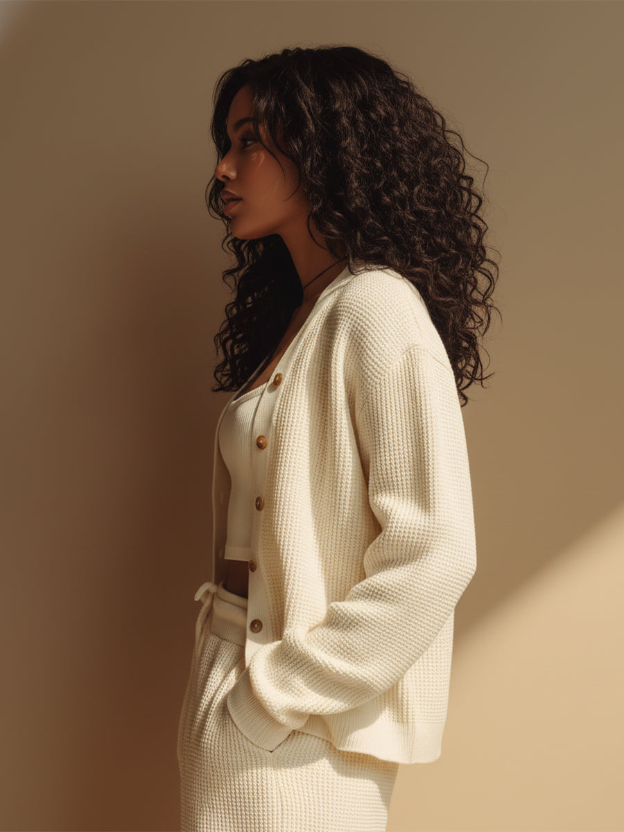 Women's Ivory Waffle Knit Casual Button Cardigan (without Inner Wear) MDA0567L2I