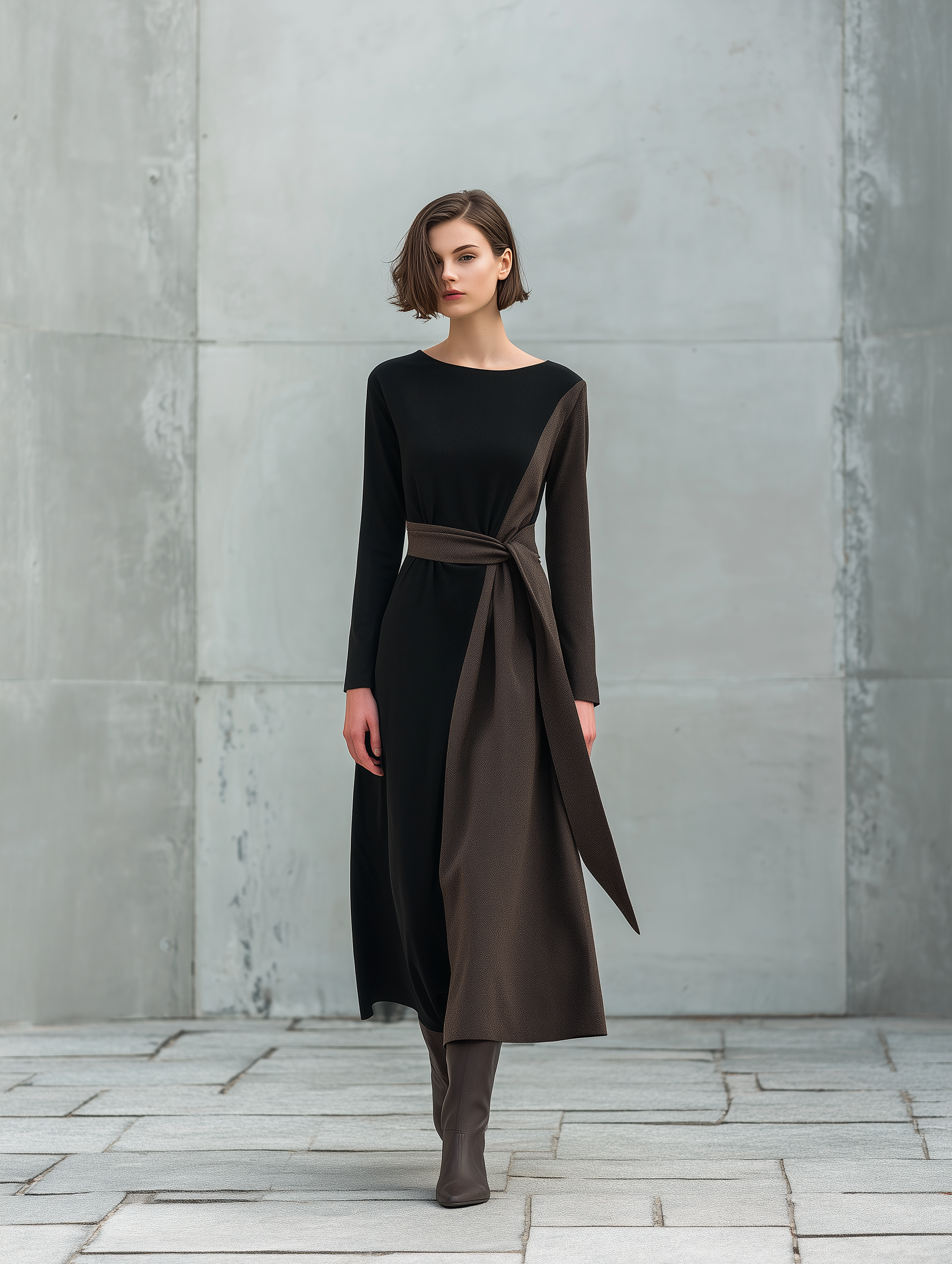 Women's Elegant Black And Brown Patchwork Woven Long-sleeved Loose Maxi Dress With Belt MDA2510L7AN