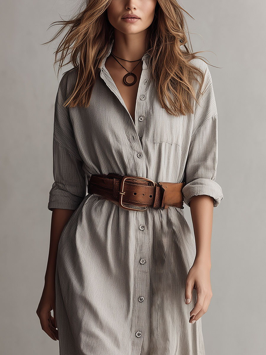 Women's Light Gray Cotton-linen Blend Collared Tie-front Shirt Midi Dress MDA0589K1T