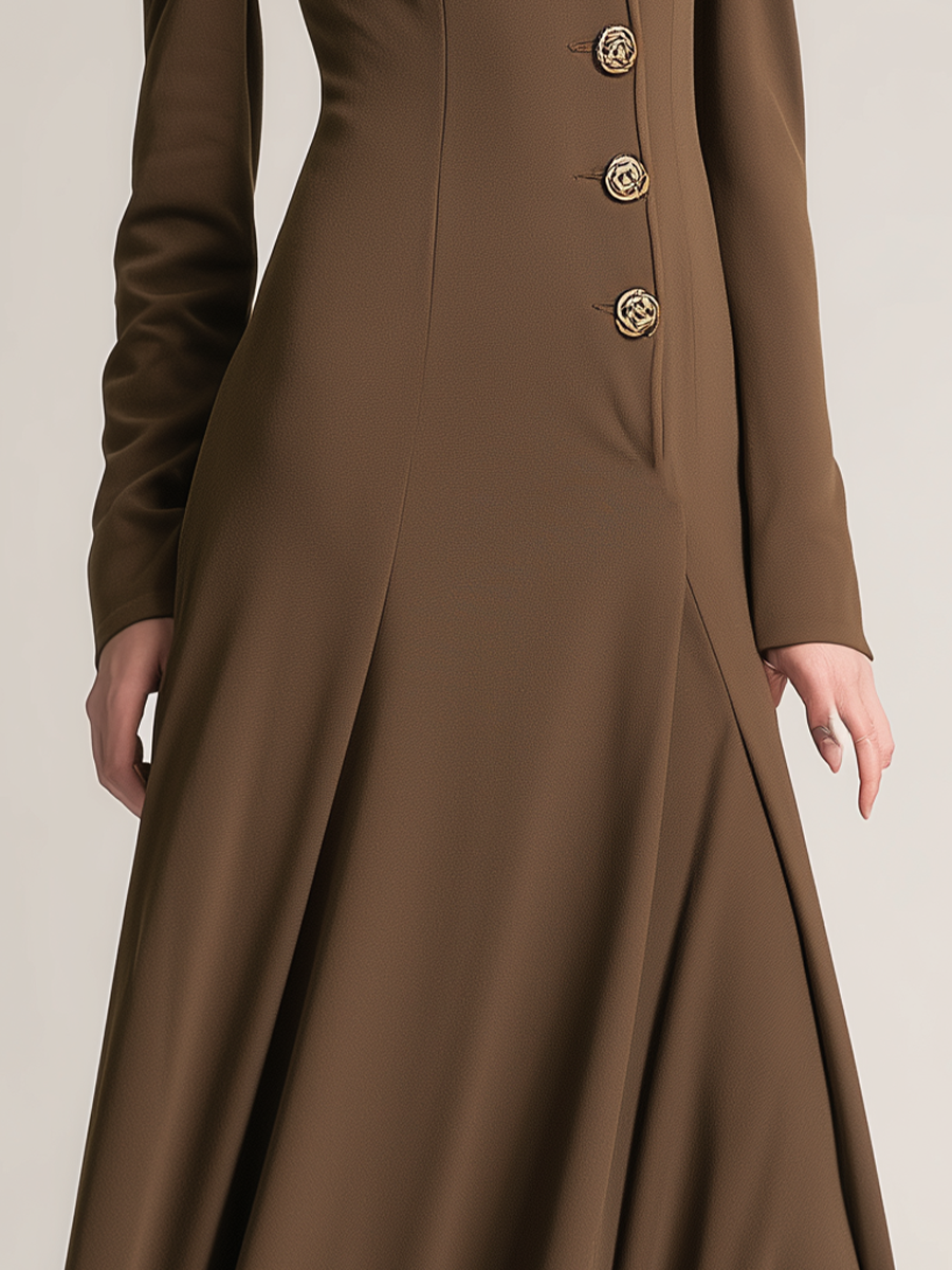 Women's Brown Military Style Metal Buckle Fitted Maxi Dress MDA3089J8T