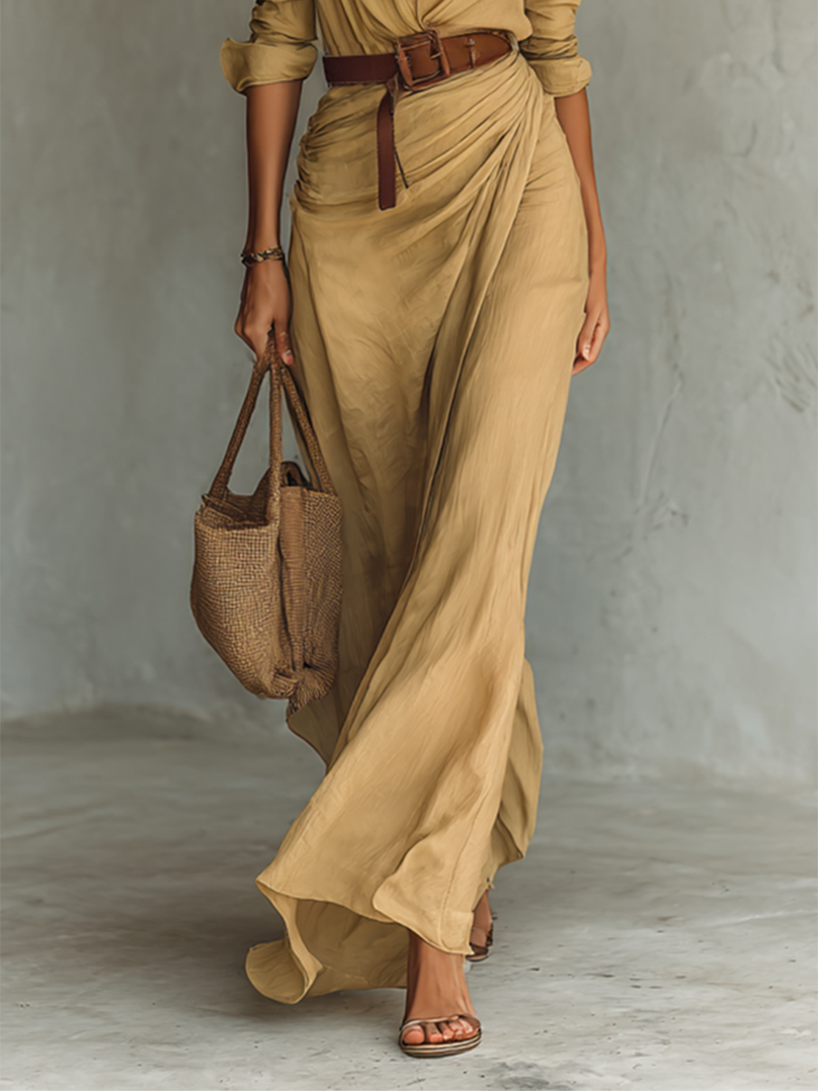 Ladies Lapel Single Breasted Long Sleeve Belted Maxi Dress MDA1500G4Y