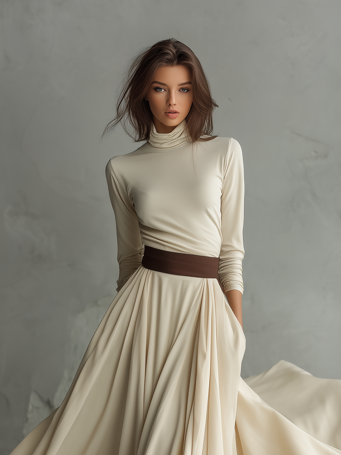 Women's Elegant Off-white Stretchy Knit Turtleneck Long-sleeved Maxi Dress MDA3100L9AN