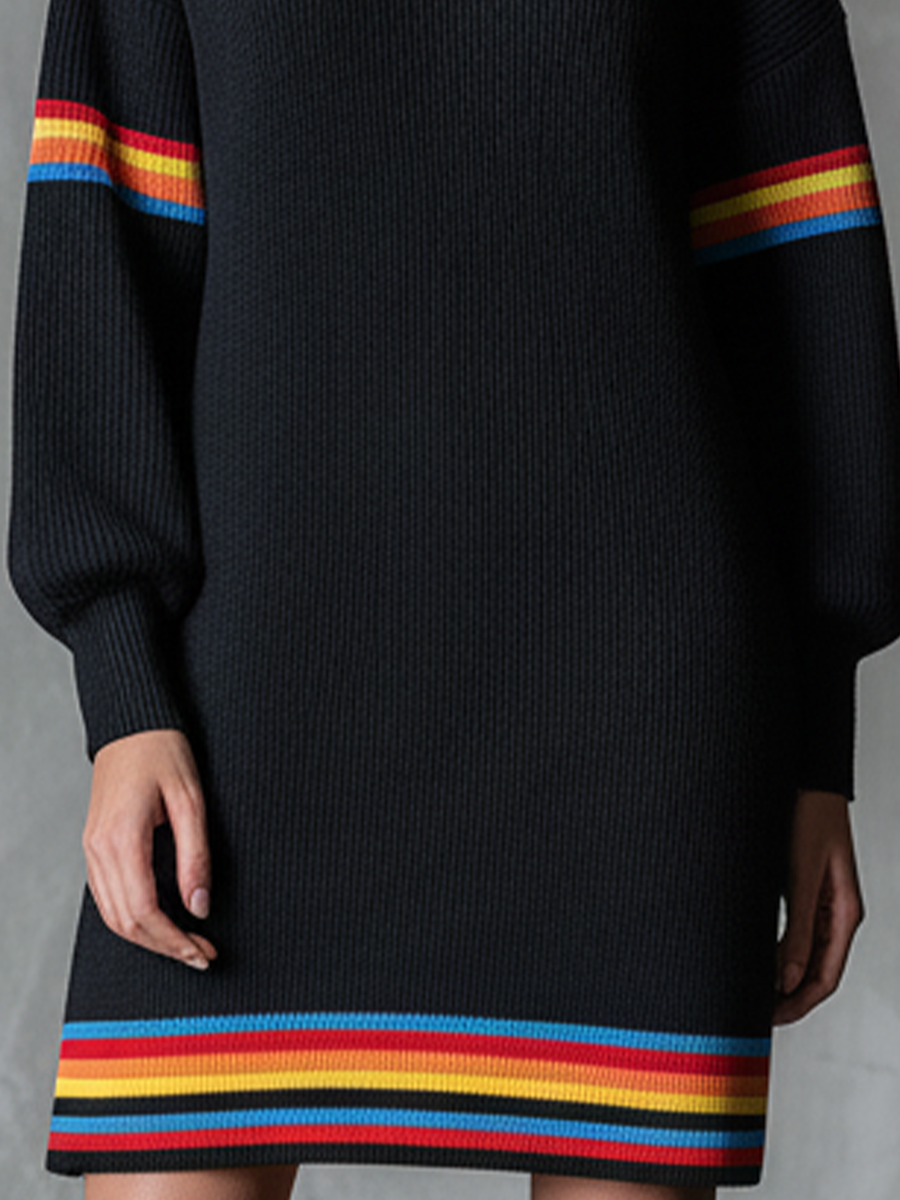 Women's Black Knit Rainbow Striped Loose Sweater Mini Dress MDA0135K8T