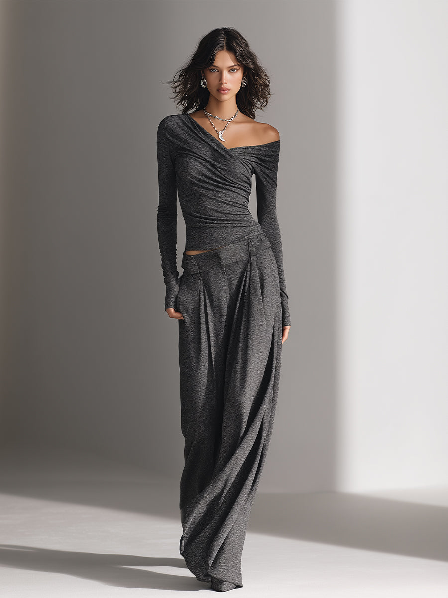 Women's Charcoal Gray Textured Stretchy Set With Off-the-Shoulder Top & Wide-Leg Pants, Modern Edgy-Chic Style Set MDA1685L4I