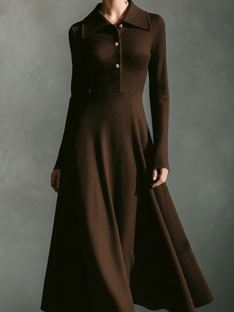 Women's Chocolate Brown Knitted Lapel Midi Dress MDA1182L5AP