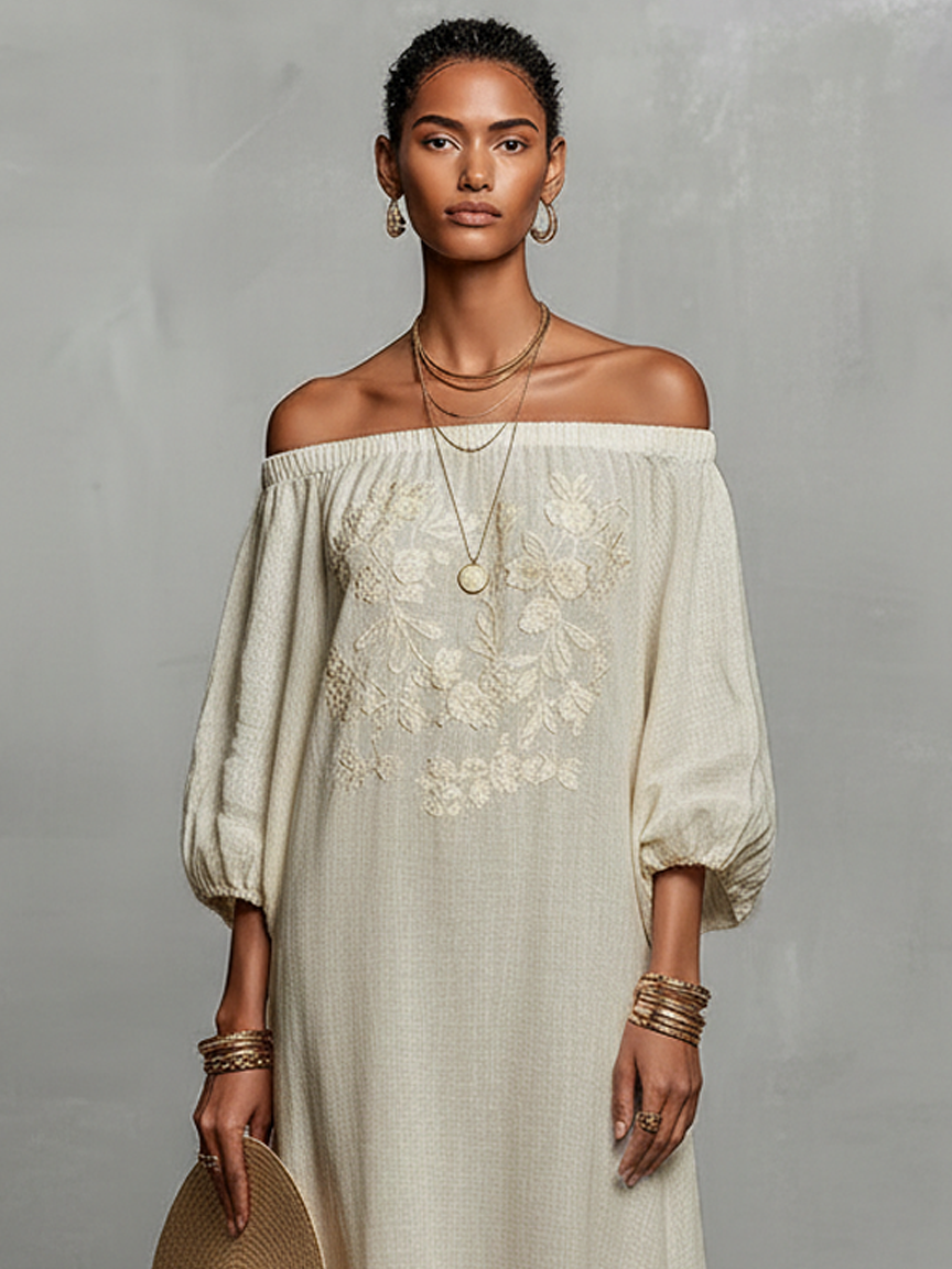 Women's Minimalist Off-the-shoulder Three-quarter Sleeve Embroidered Maxi Dress MDZ3063A3Y