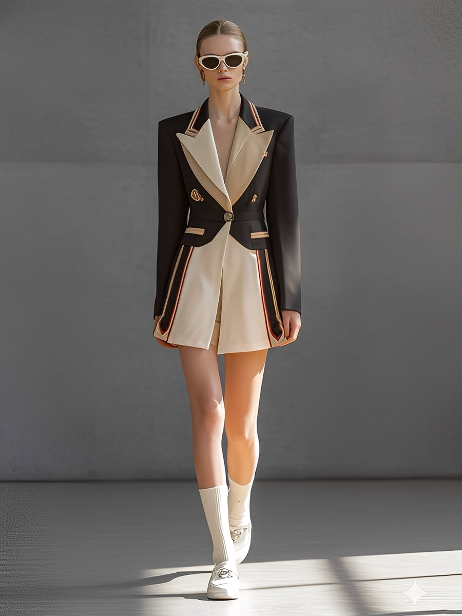 Women's Black & Ivory Textured Woven Elegant Blazer With Contrast Lapels & Embellished Details, Sophisticated Avant-Garde Style Blazer MDA0414K2I