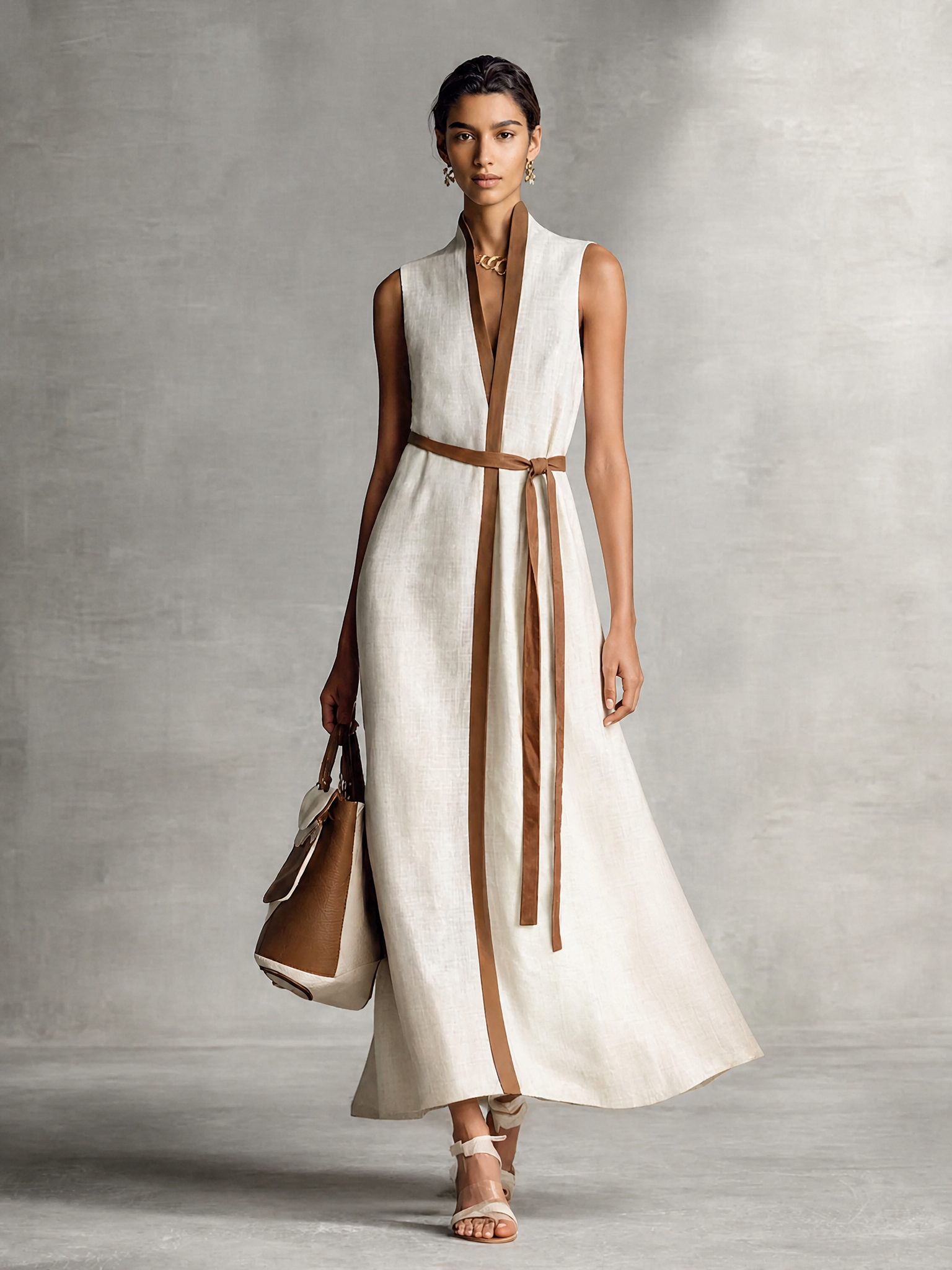 Women's Sleeveless V-Neck Tie-Waist Cotton Linen Maxi Dress MDZ1153B7BA