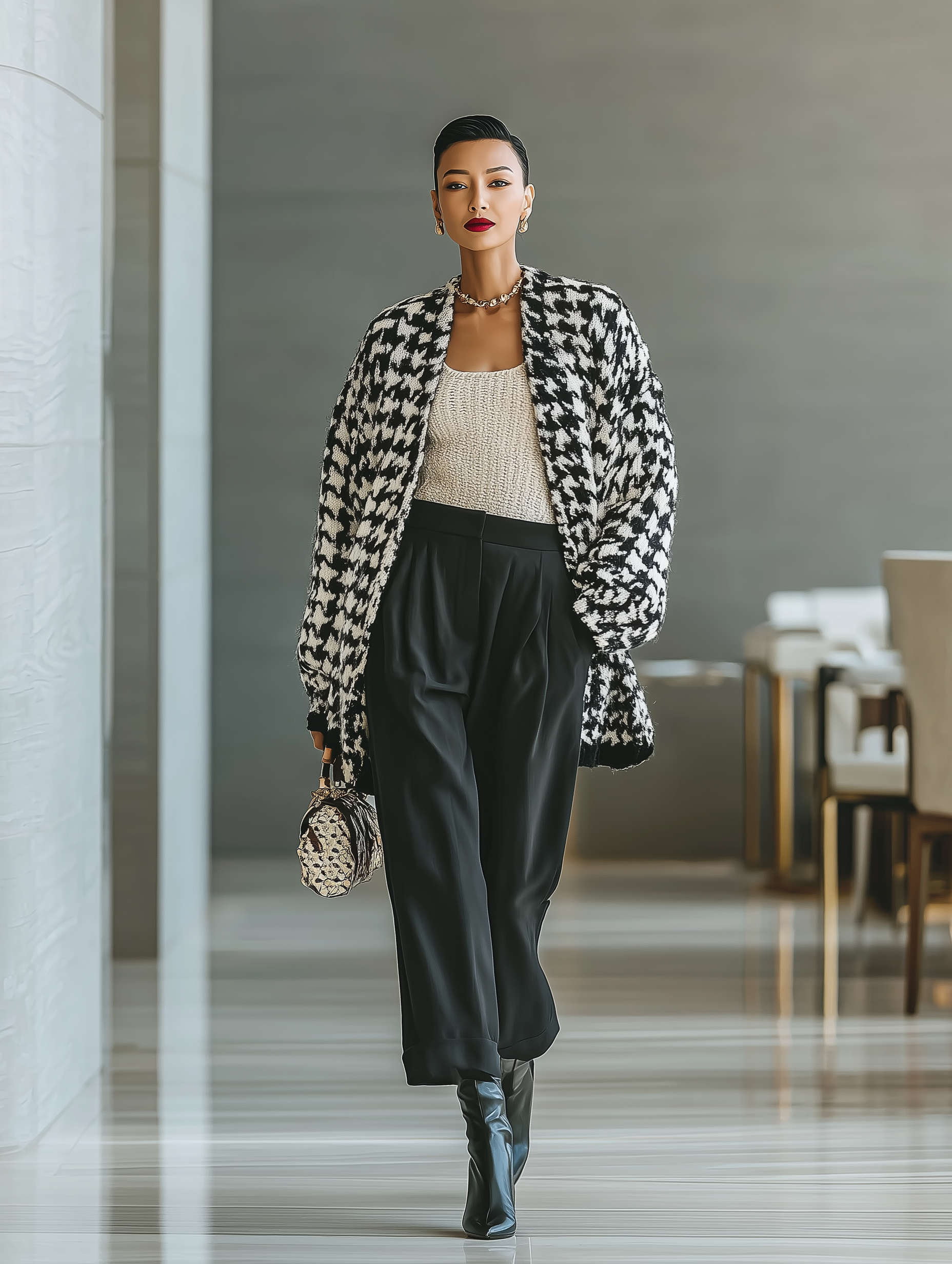 Women's Black And White Houndstooth Knitted Fashionable Cardigan MDA1070J0T