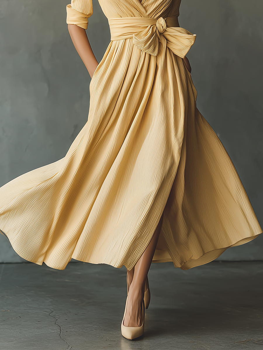Women’s Yellow Blended Waist-Fitted Maxi Dress MDA2868G6T