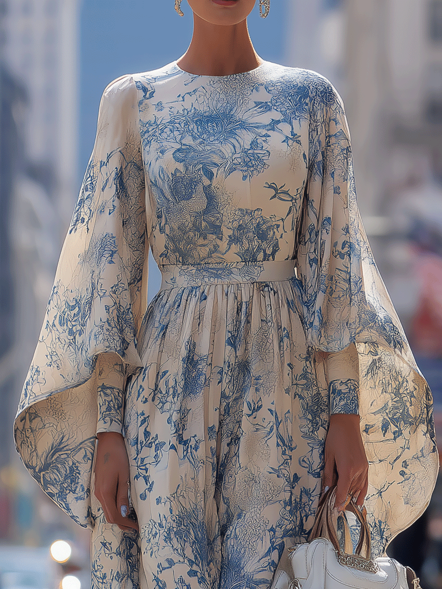 Women's Elegant Blended Printed Bell Sleeve High Waist Maxi Dress MDA3069G1I