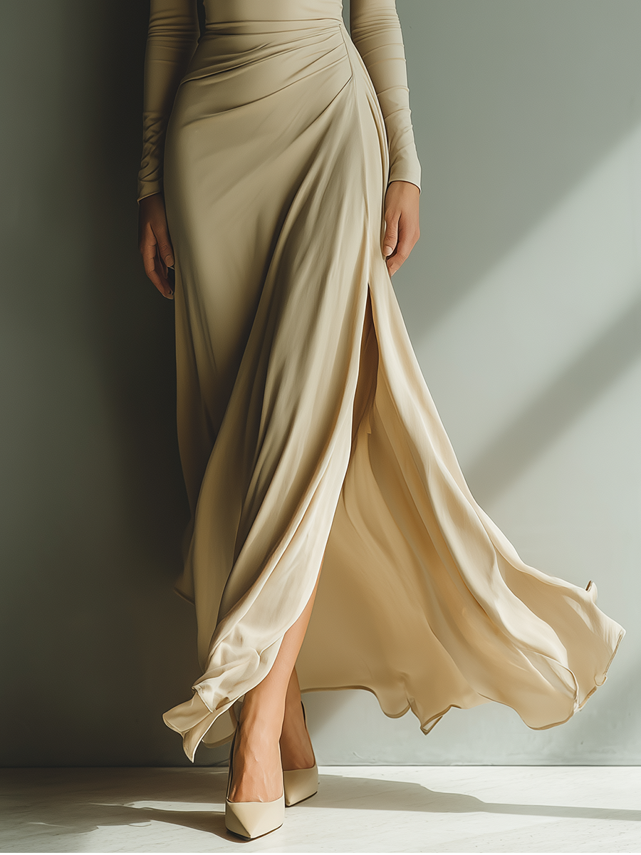 Women's Beige Stretch Knit Turtleneck Long-sleeved Pleated Long Dress With Slit MDA1209L1T