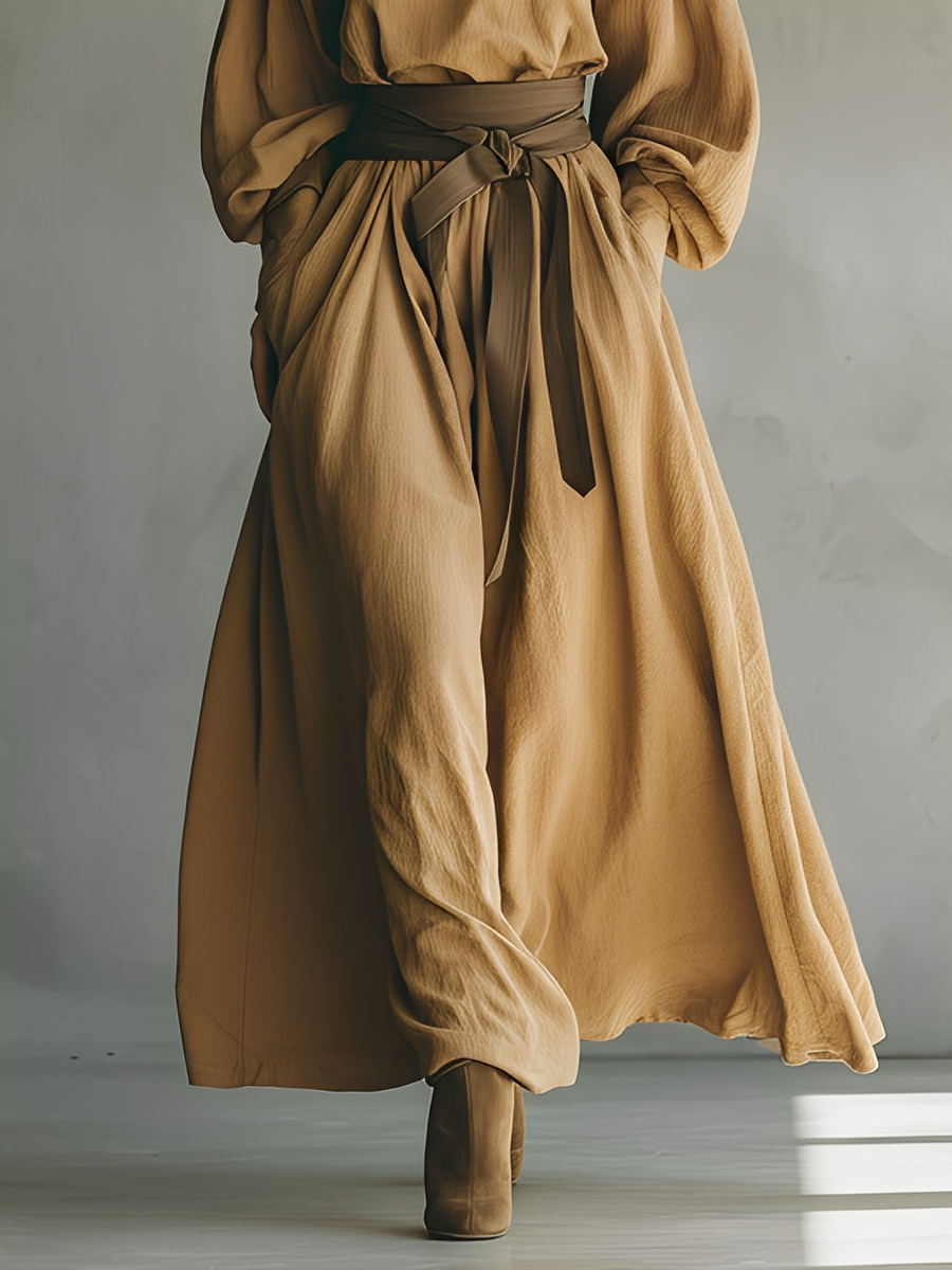 Women's Camel Cotton-Linen Blend Wide-Sleeve Top and Waist-Tie Long Skirt Set MDA2599K7T