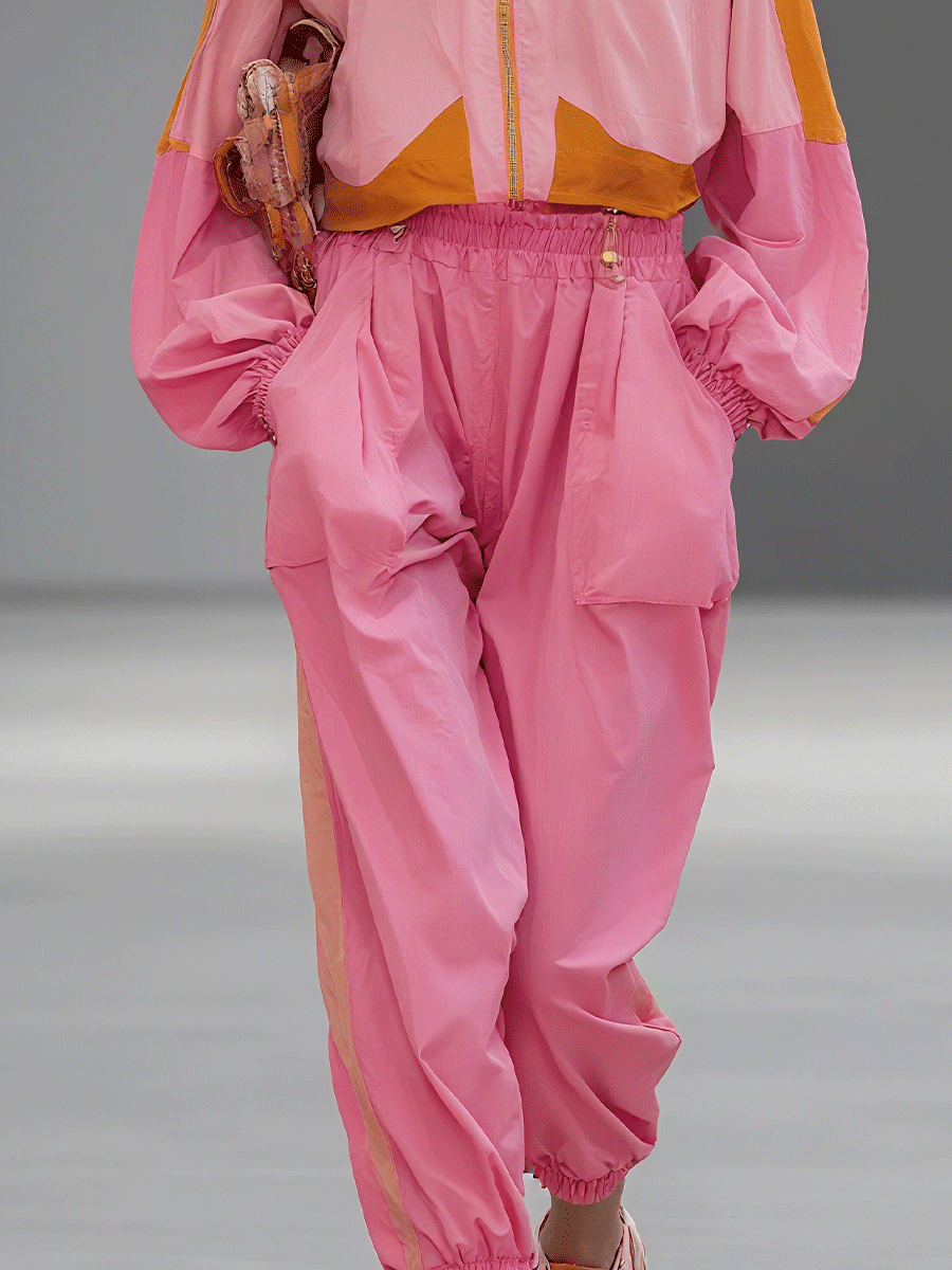 Women's Pink Contrasting Casual Blended Breathable Sports Two-piece Set MDA3095G6I