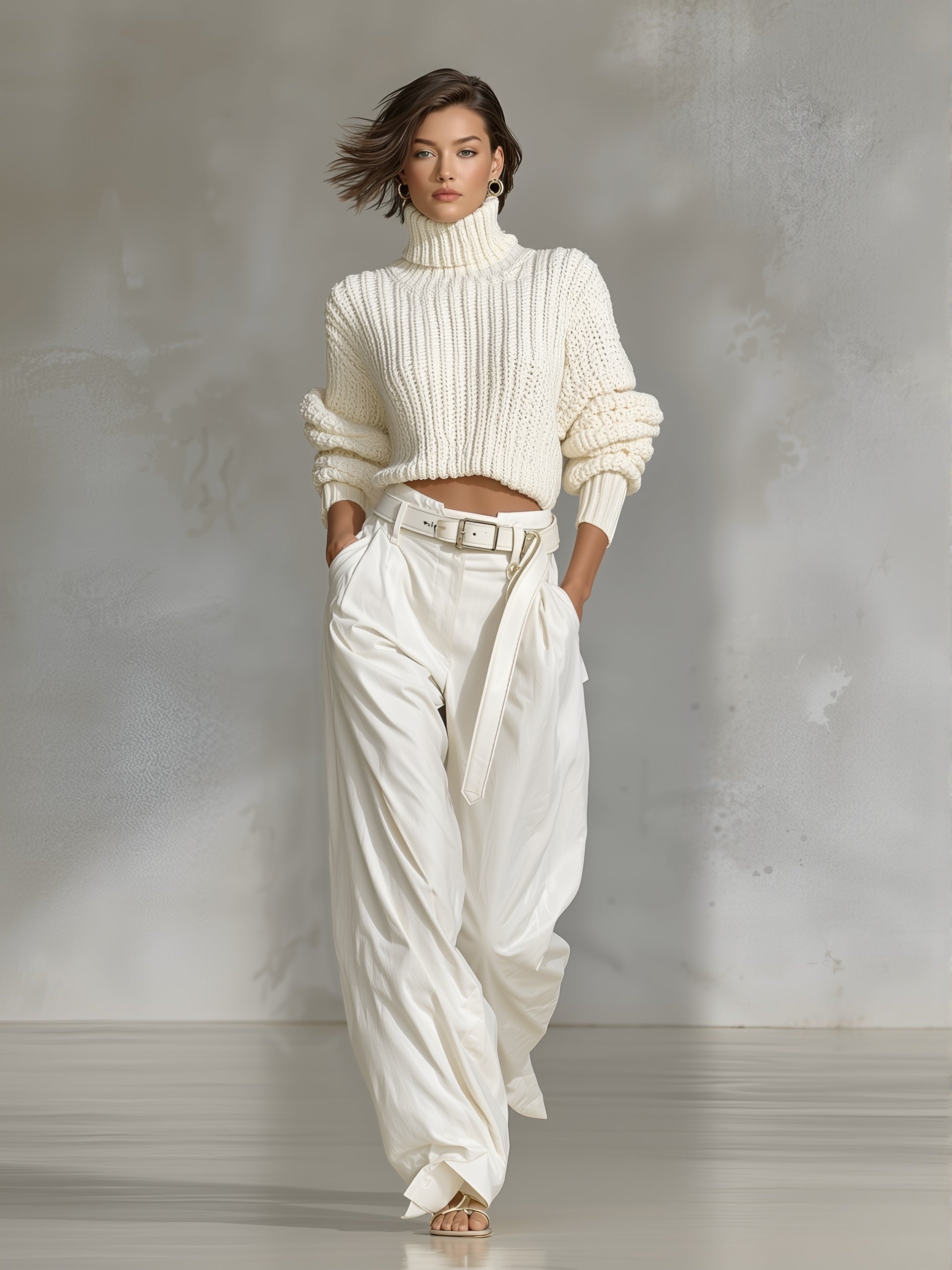 Women's Off-white Minimalist Knitted Turtleneck Sweater Set MDA0432K6AN
