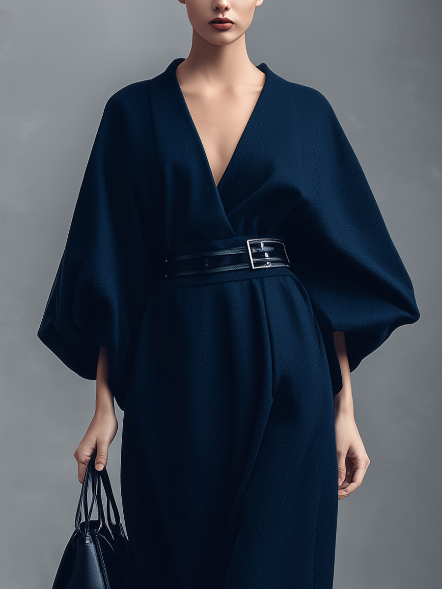 Women's Navy Blue Acetate Blend Deep V-neck Puff Sleeve Belted Dress MDA1178L0T