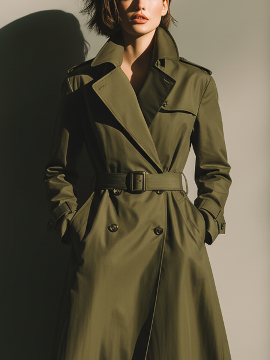 Women's Military Green Cotton Blend Double-breasted Belted Trench Coat MDA0173L8T