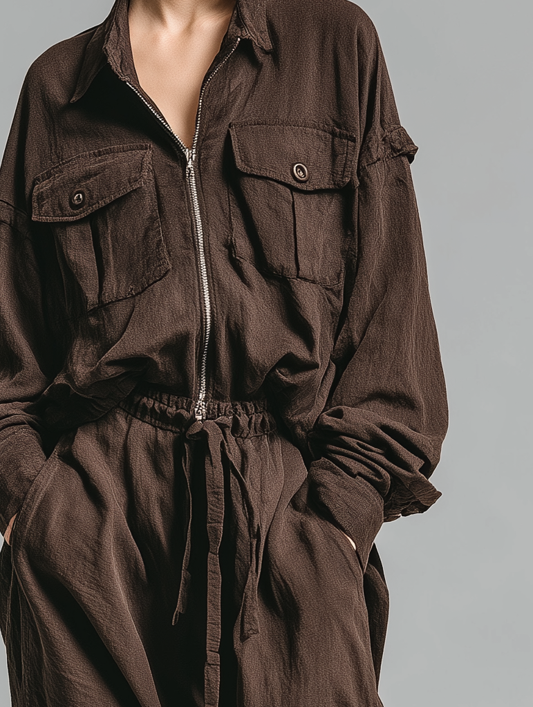 Women's Fashionable Casual Brown Long-sleeved Shirt Collar Jumpsuit With Zipper And Pockets MDA1829K3AN