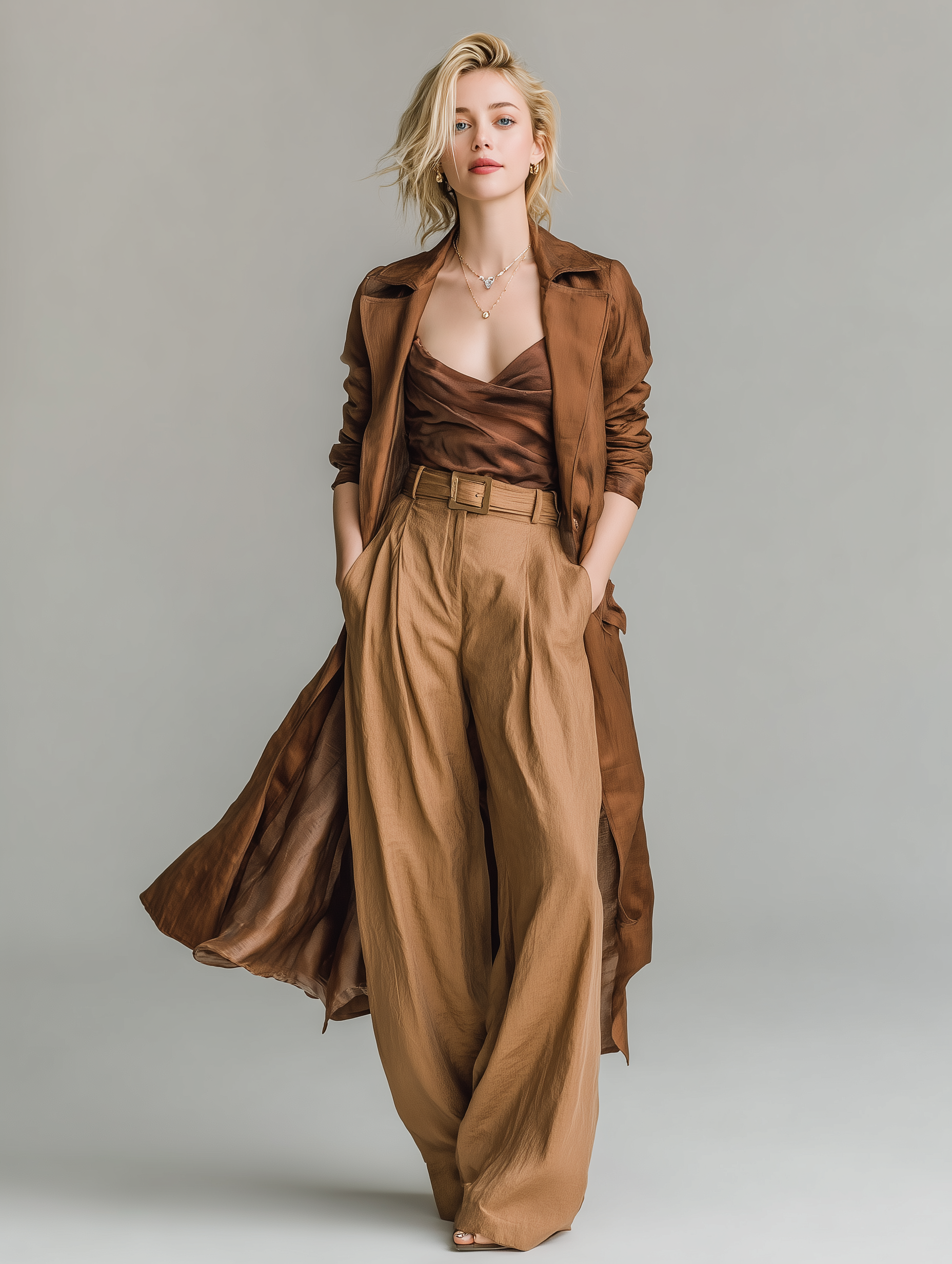 Women's Fashionable And Elegant Brown Glossy Satin Long-sleeved Trench Coat MDA2752K8AN