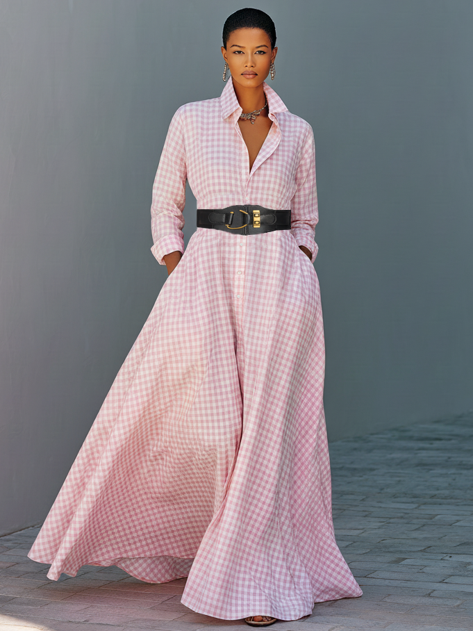 Women's Minimalist Checkered Long-sleeved Belted Shirt Maxi Dress MDA3081K9Y