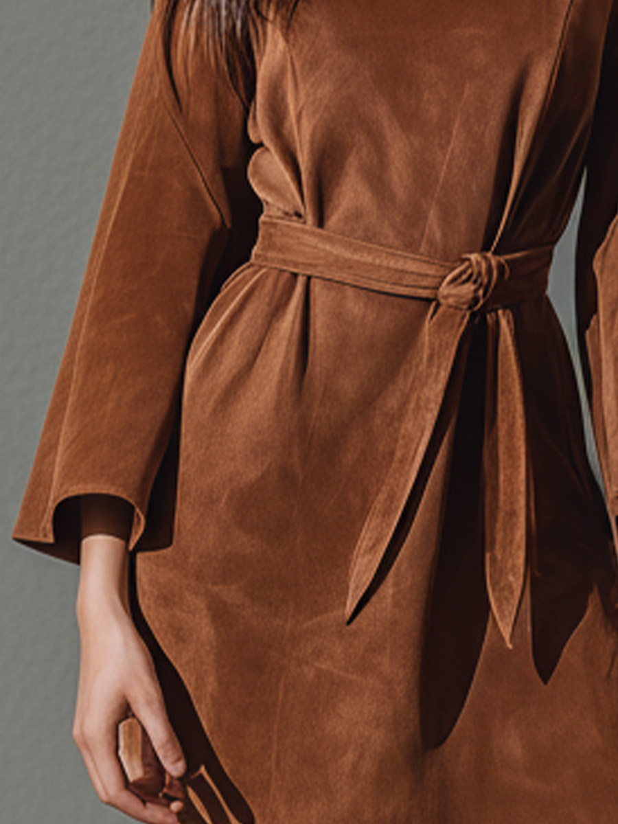 Women's Caramel-colored Faux Suede Tie-up Bell Sleeve Dress MDA0485L7T