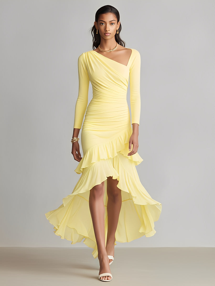 Women's Yellow Flowy Dress With Asymmetric Neckline & Ruffled High-Low Hem, Sophisticated Evening-Cocktail Style Dress MDA2534L6I