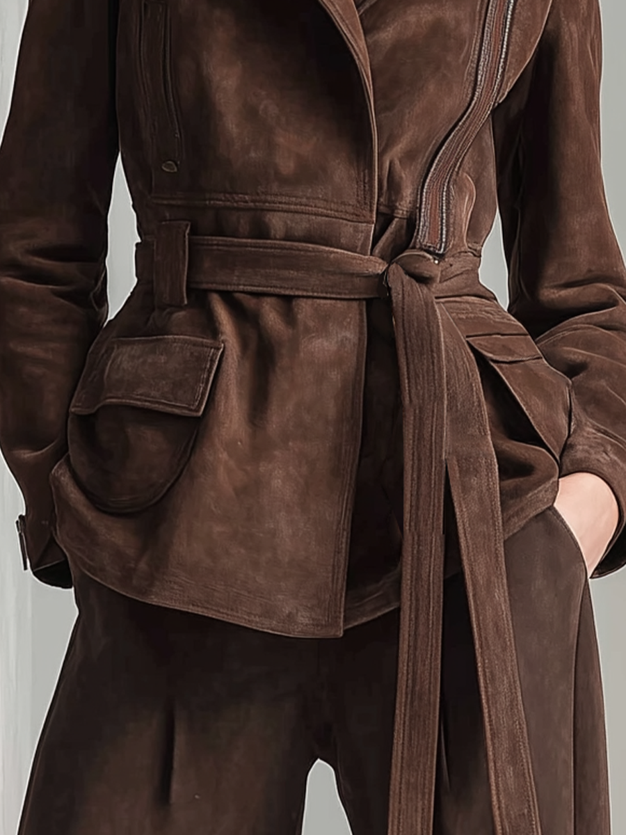 Women's Dark Brown Faux Suede Motorcycle Style Belted Waist Jacket MDA3113J1T