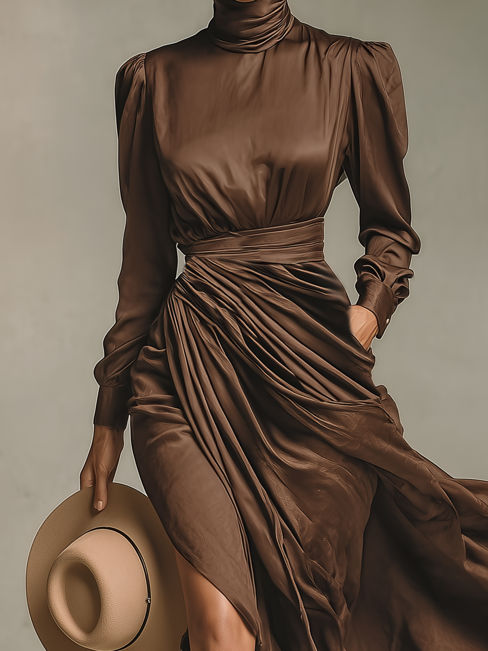 Women's Fashionable And Elegant Brown Glossy Satin Long-sleeved Fitted Waist Dress MDA2405K0AN