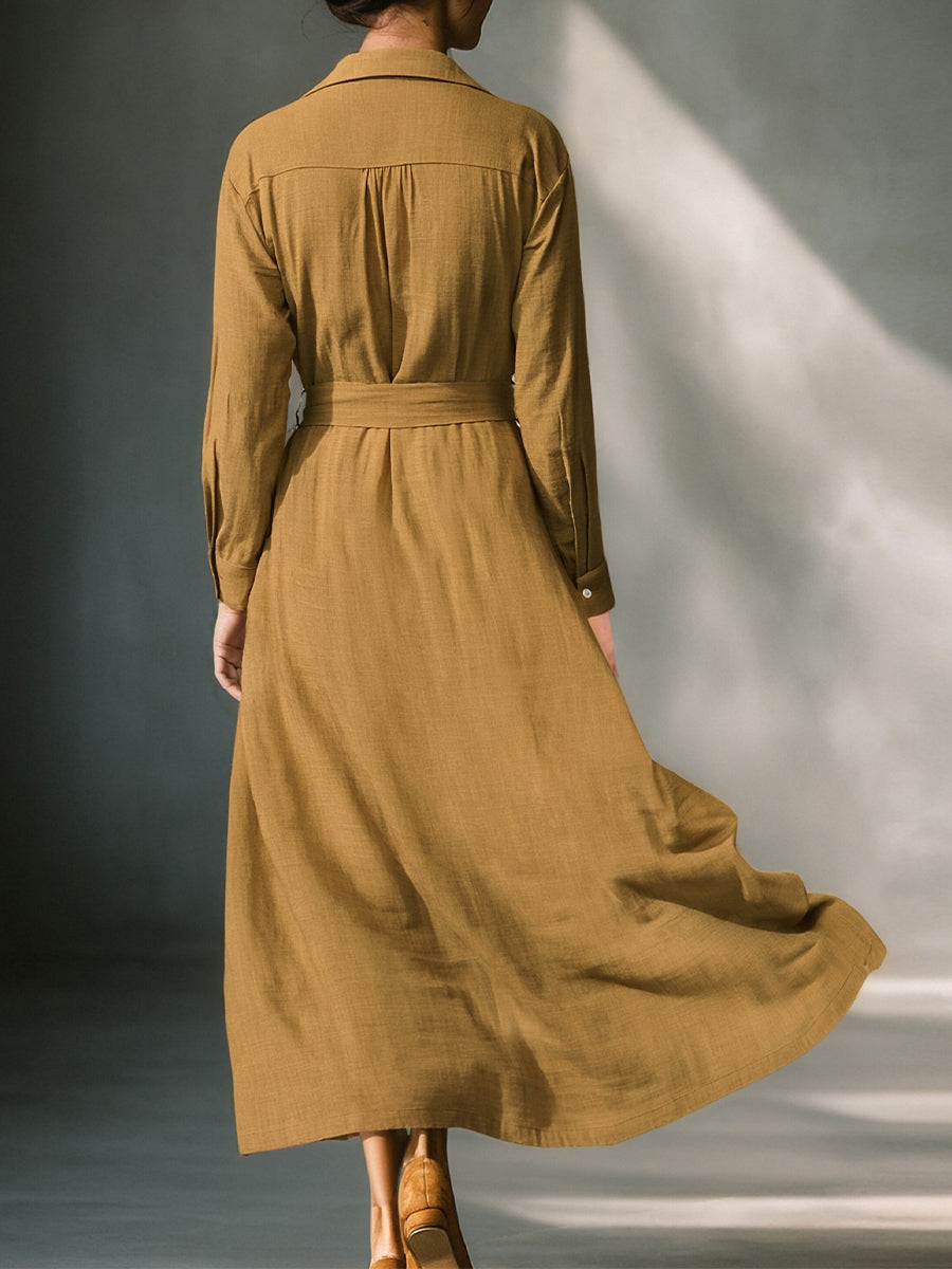 Women's Mustard Elegant Linen Blended Button - Front Belted Midi Shirt Dress MDA1800I6I