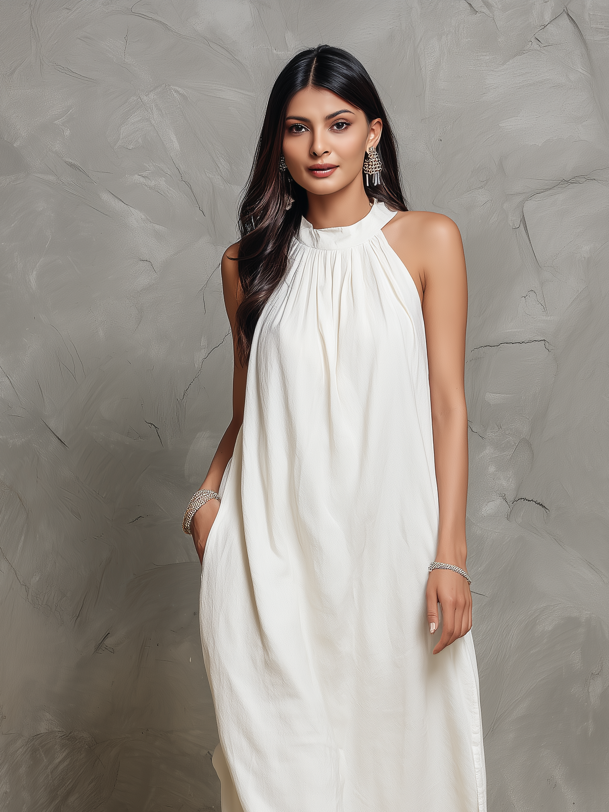 Women's Casual White Cotton Linen Embroidered Round Neck Sleeveless Straight-Cut Long Dress MDZ2609B8AN