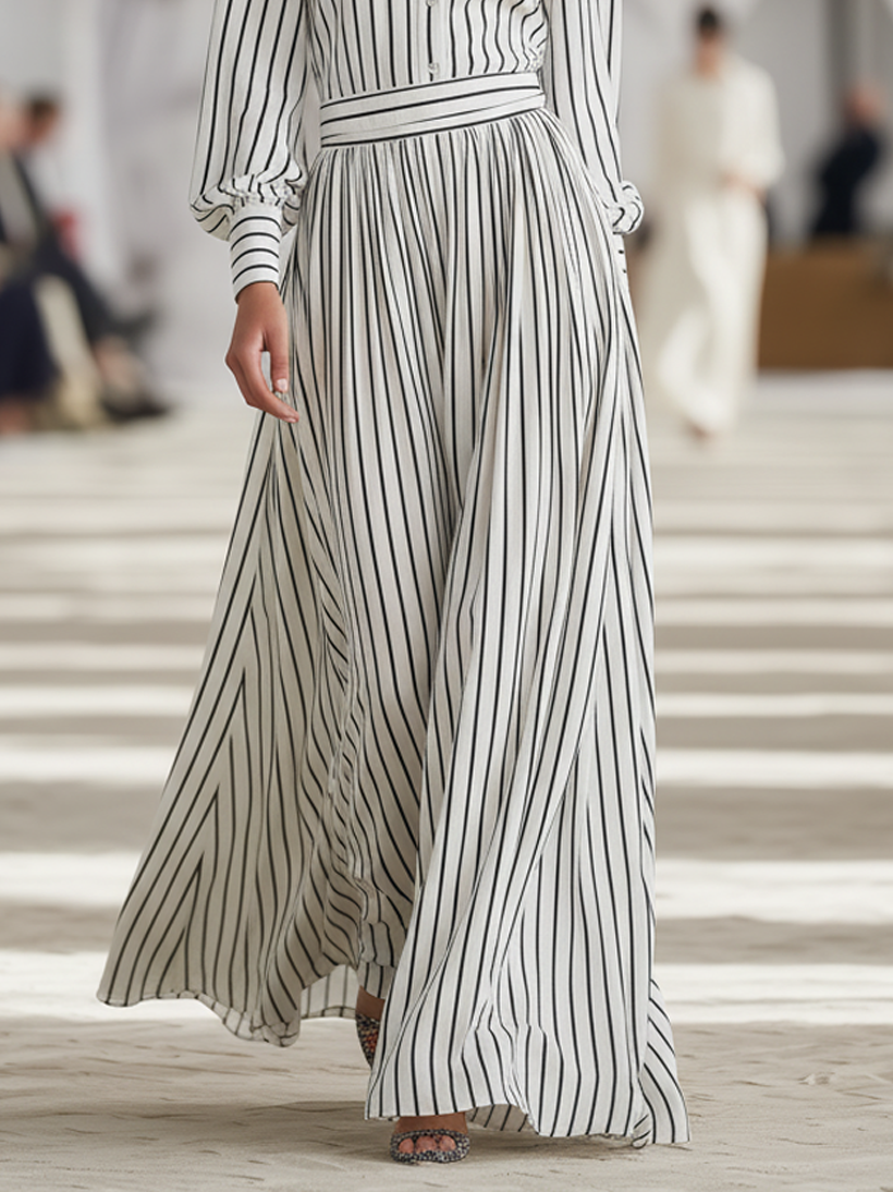 Women's Minimalist Striped Stand-collar Shirt And Skirt Set MDA1445K8Y