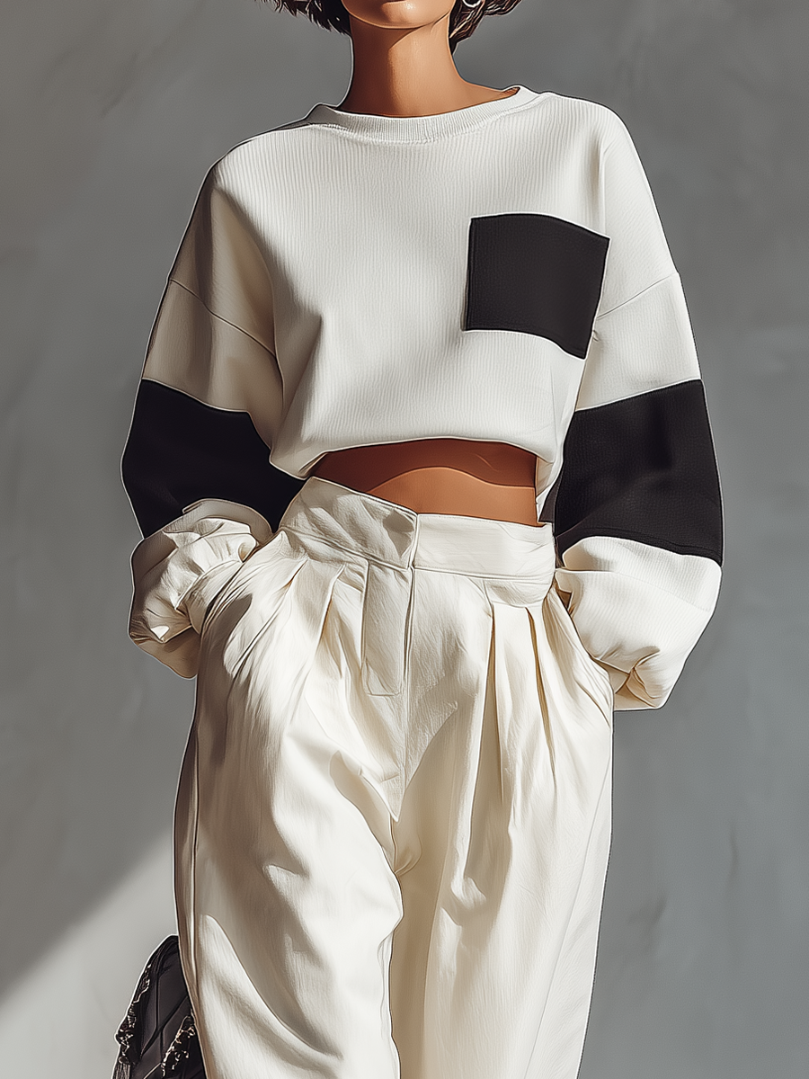 Women's White Knit Crop Top And Wide-leg Pants Set MDA1471H9T