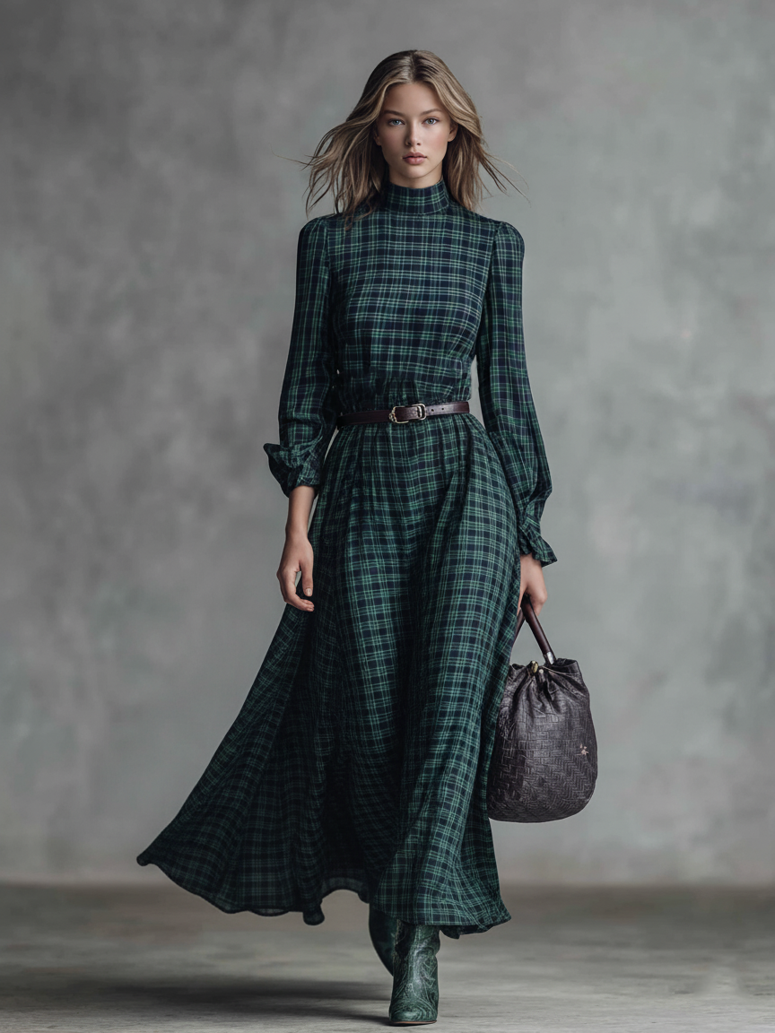 Women's Minimalist Plaid Half-high Collar Belt Maxi Dress MDA1669J6Y