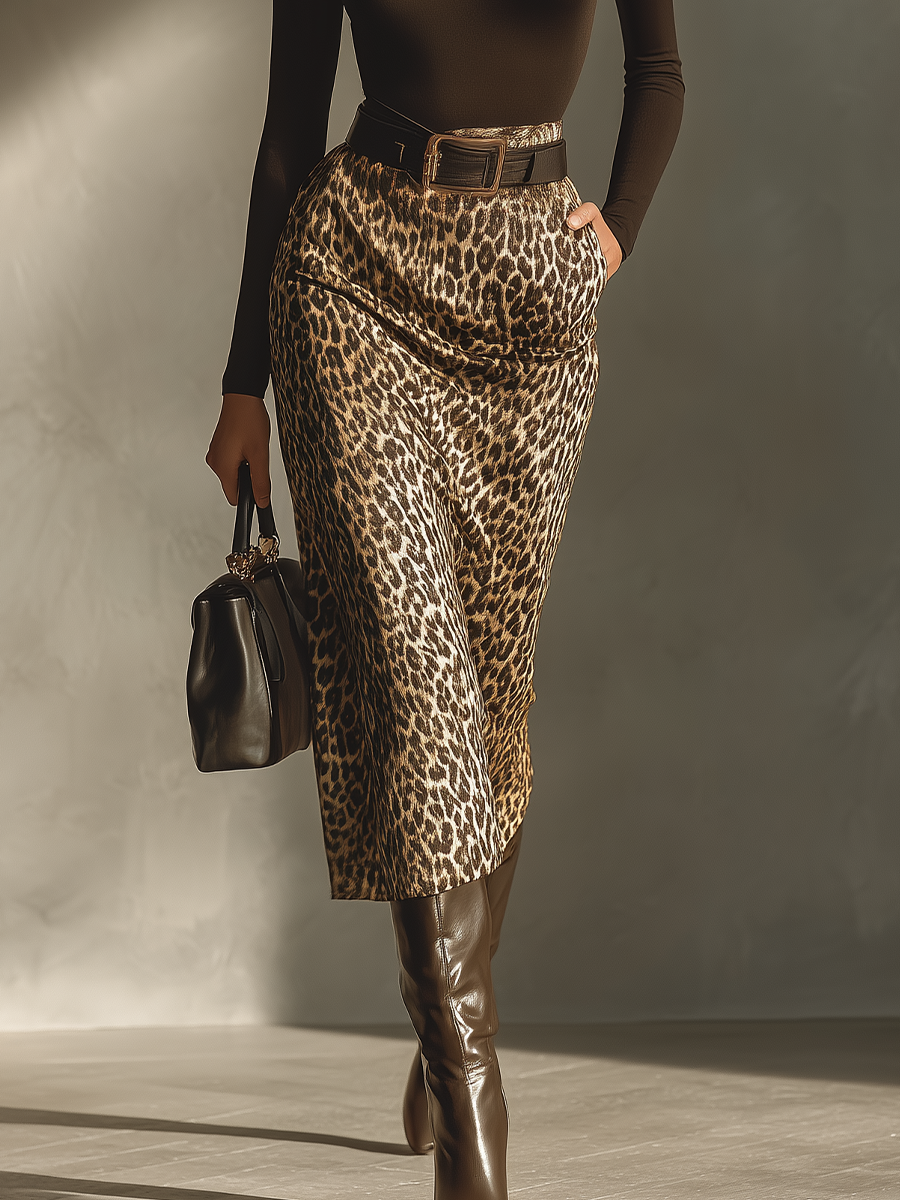 Women's Blended Dark Brown Slim-Fit Top and Leopard Print Skirt Set (Without Belt) MDA0420H7T