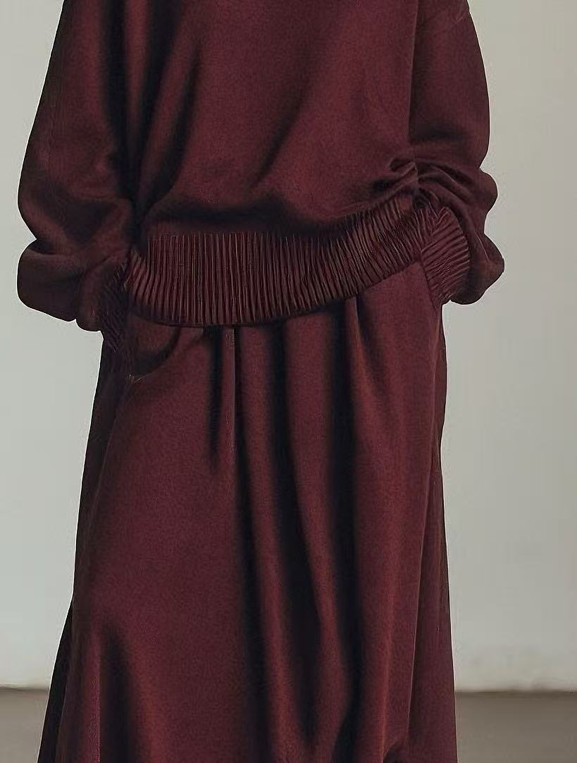 Women's Burgundy High-End Hooded Loose Knitted Long Dress Set MDA0668K0AN