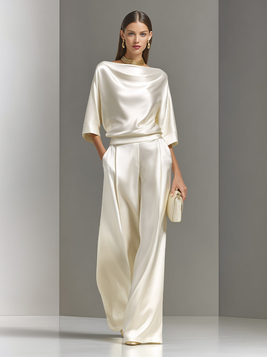 Women's Cream Luxe Woven Set With Half Sleeves & Relaxed Fit, Modern Elegant Style Set MDA0947L6I