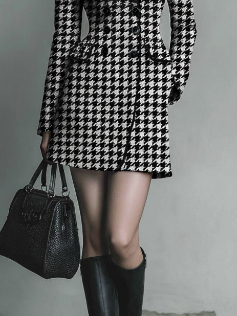 Women's Houndstooth Double-Breasted Mid-Length Coat MDA1692I3Y