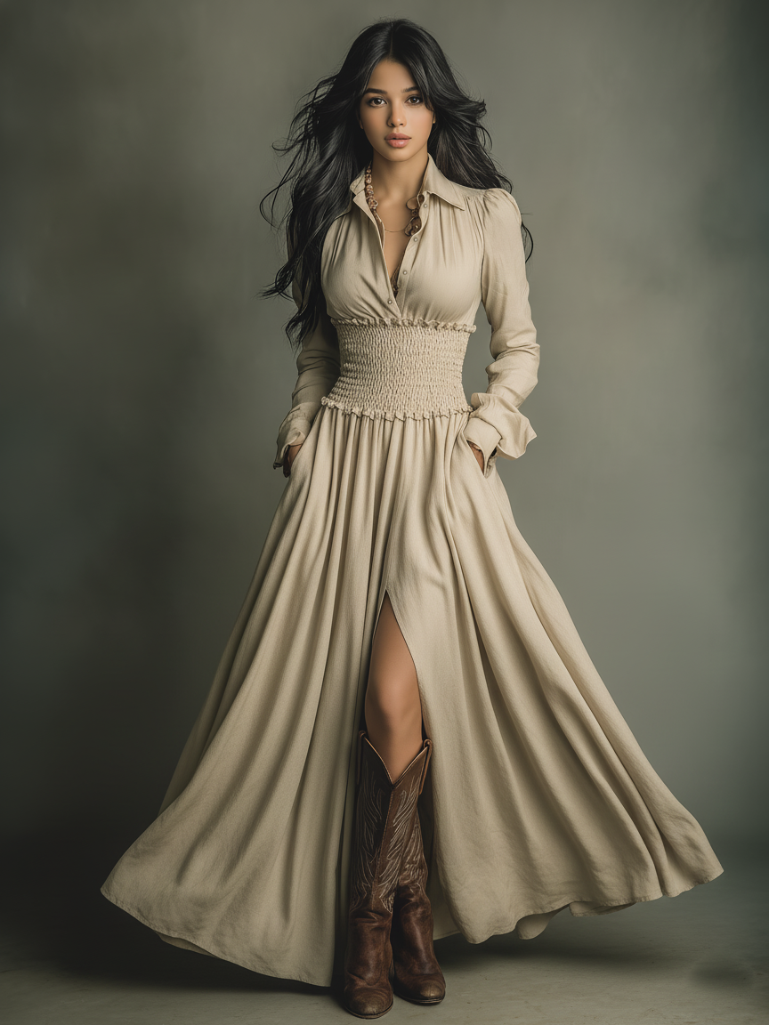 Women's Cotton-linen Blend Long-sleeved Shirt Collar Dress With Gathered Waist MDA1421K5Y