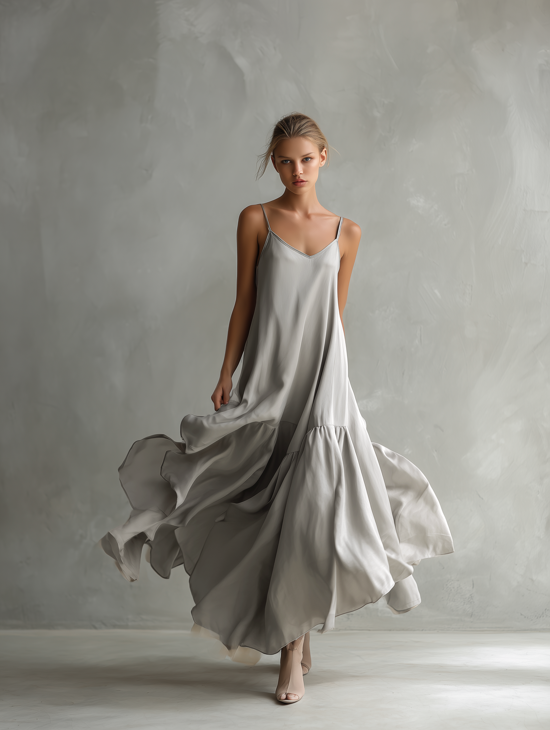 Women's Elegant Gray Satin Sleeveless Loose-fitting Maxi Dress With Spaghetti Straps MDZ0949A8AN