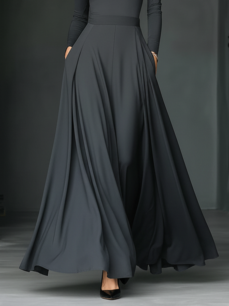 Women's Charcoal Gray Stretchy Knit Slim-fit Long-sleeved Flowing Maxi Dress With Pockets MDA1625L6T