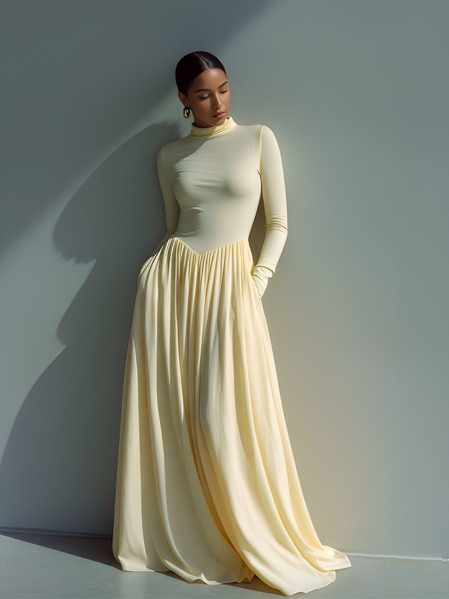 Women's Cream Sophisticated Jersey Turtleneck Pleated Maxi Dress MDA1672J2I