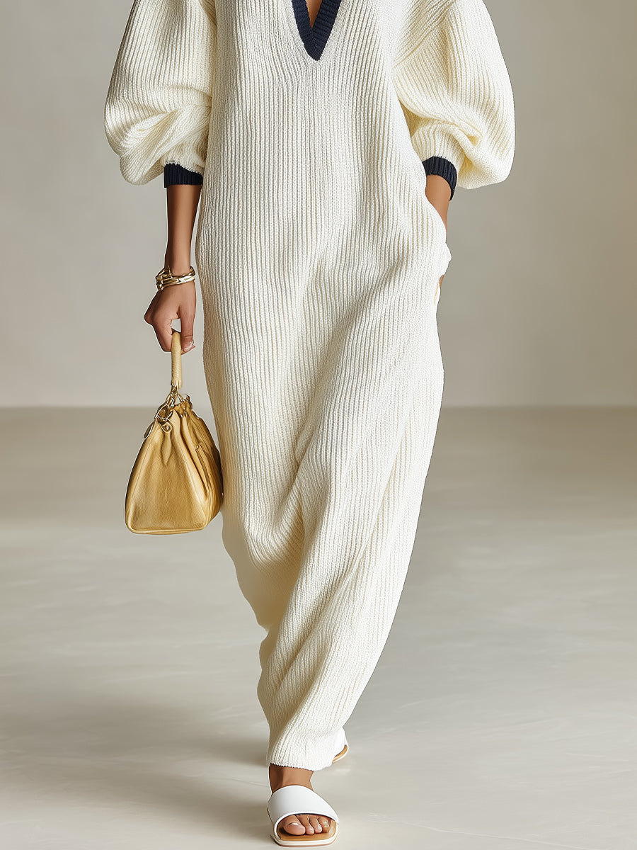 Women's Cream Elegant Ribbed Knit Contrast V - Neck Balloon - Sleeve Maxi Sweater Dress MDA2581I6I