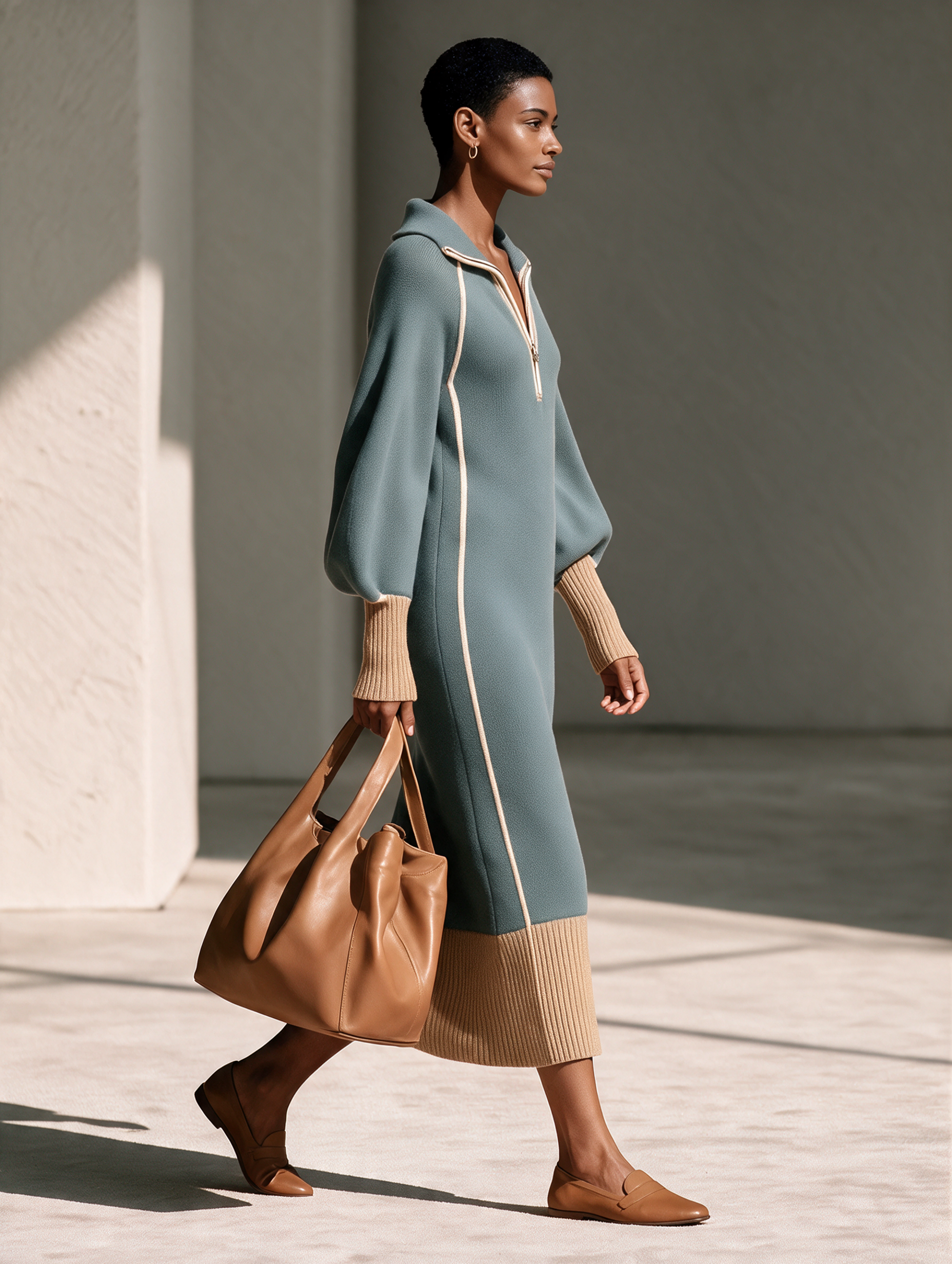 blouson knit dress Women's Grey-Blue Collared Half-Zip Contrast-Piping Blouson-Sleeve Woo – Modesees Nissa Clothing