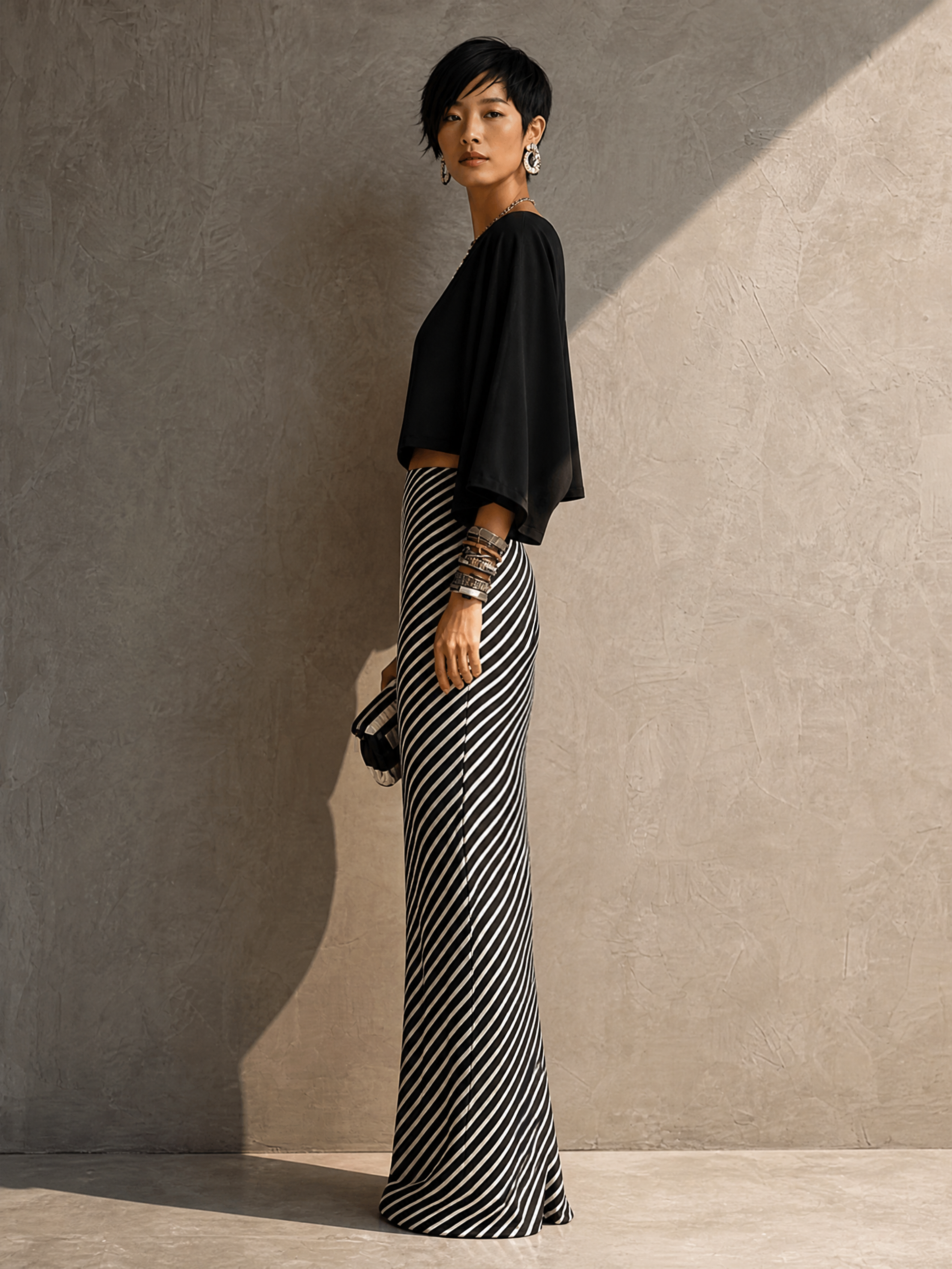 Women's Modern Elegant Black White Knit Cotton Blend One-Shoulder Striped Maxi Skirt Set MDZ2985G7GMJ