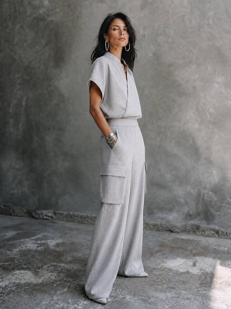 Women's Casual Vacation Gray White Cotton Blend Striped Wrap Top Cargo Pocket Wide-Leg Pants Set MDZ1618G6GMJ