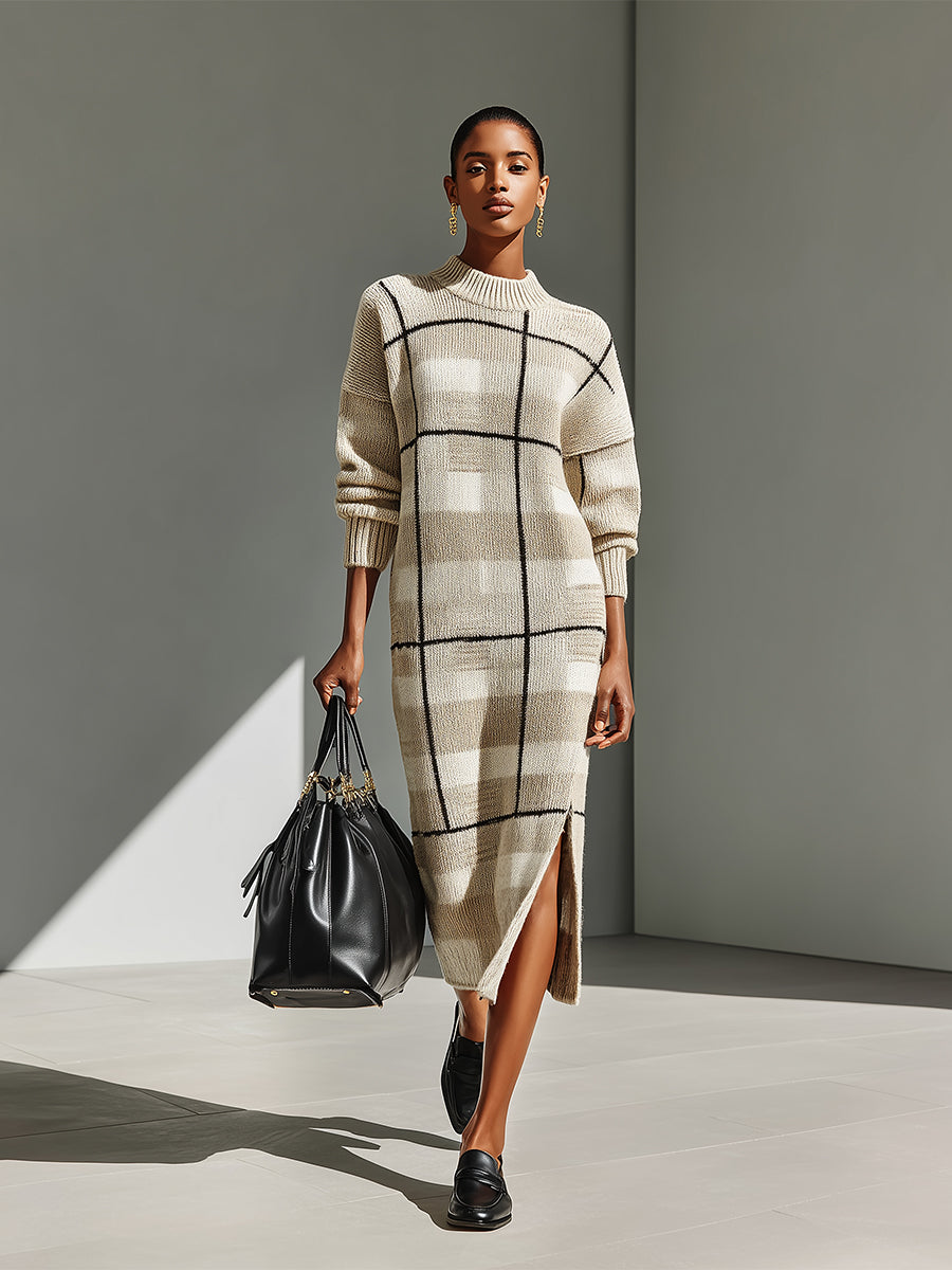 Women's Beige Elegant Knit Plaid Mock Neck Slit Midi Dress MDA2258I4I