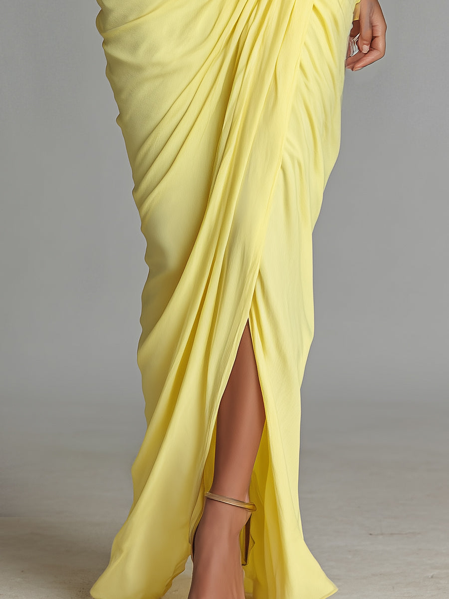 Women's Bright Yellow Drape Comfortable Blended Maxi Dress MDA2811G6I