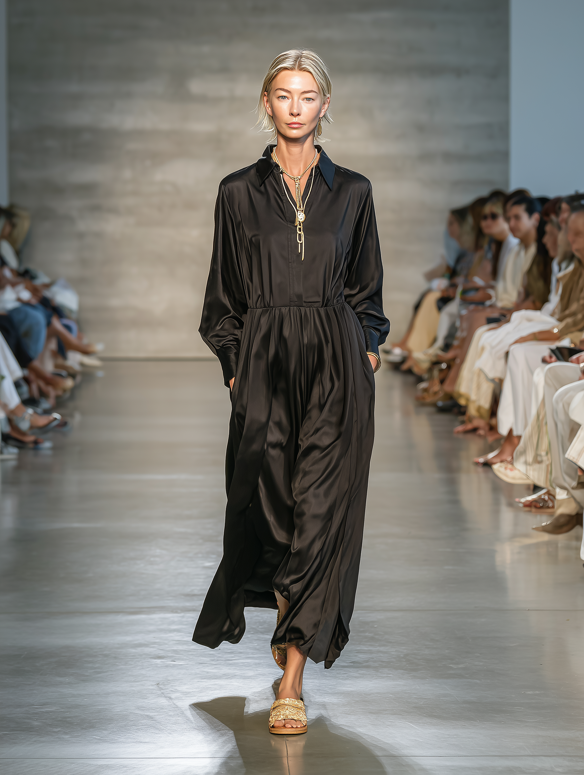 Women's Elegant Black Glossy Satin Loose-fitting Shirt Dress With Long Sleeves MDZ0561A9AN