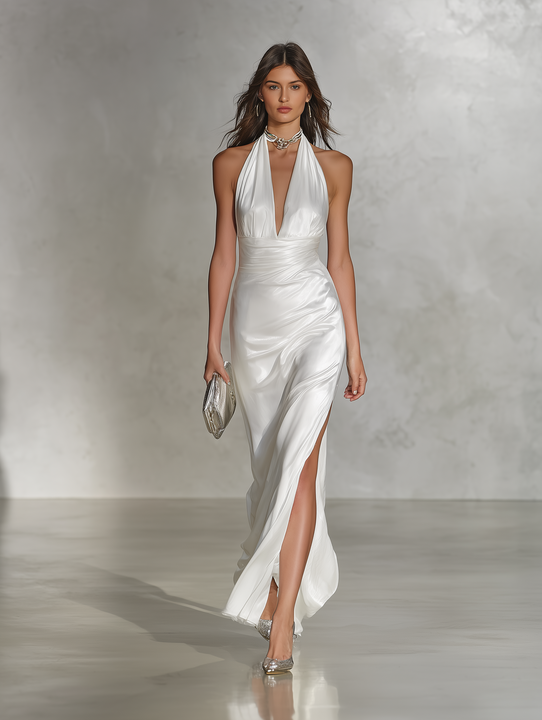 Women's Elegant White Satin Sleeveless Halter Neck Maxi Dress MDZ1366A8AN