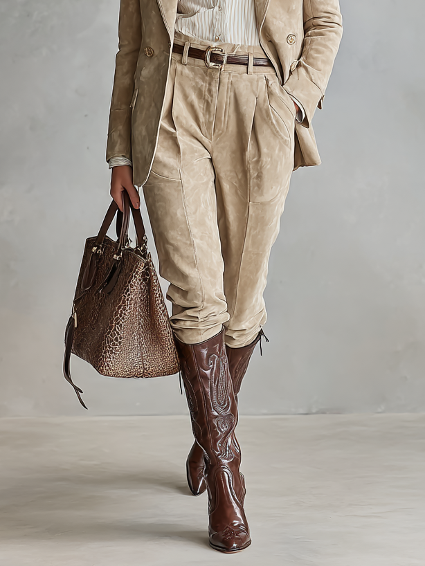 Women's Faux Suede Loose Blazer And Straight-Leg Trousers Set MDA2733H9Y